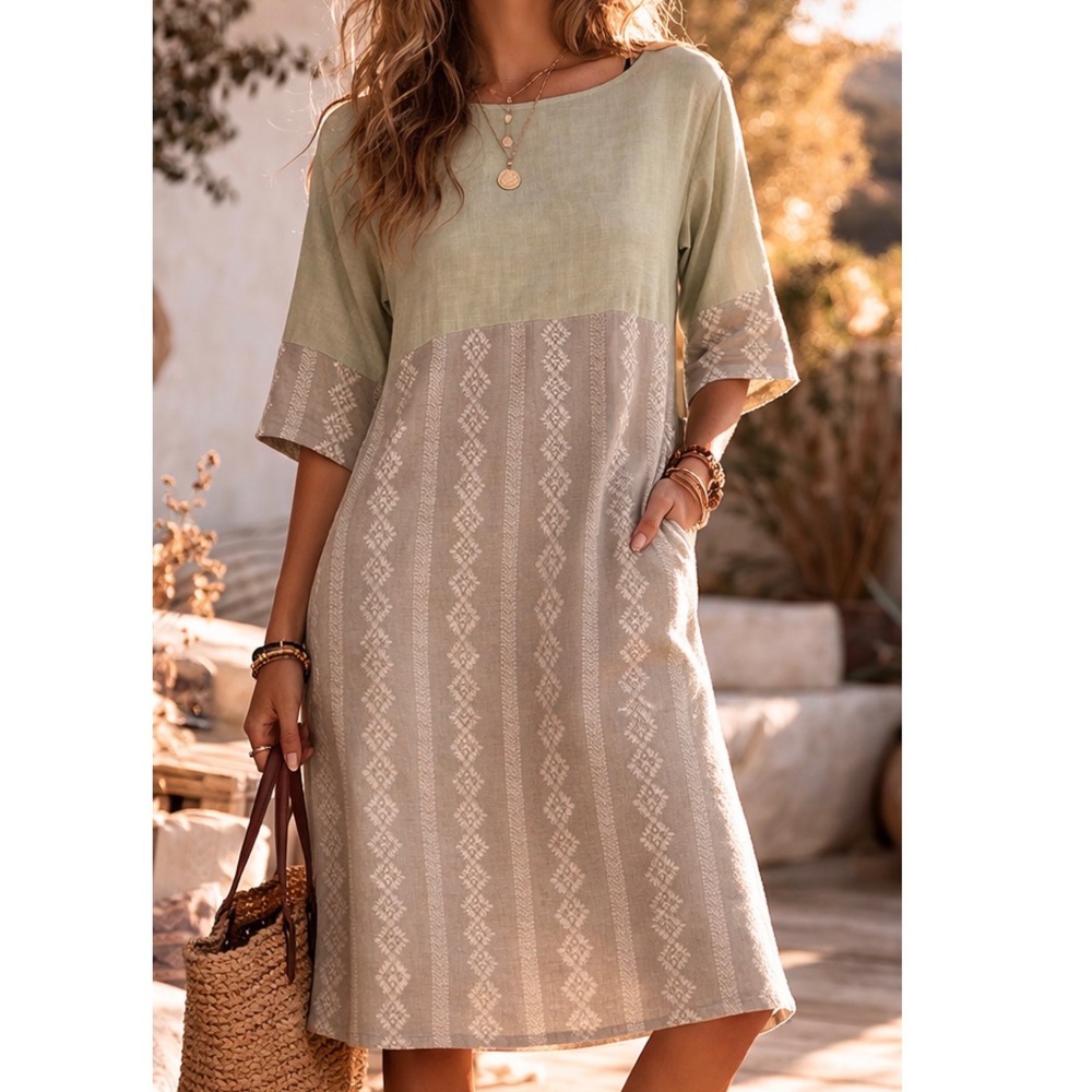 Hidden Alley 100% Linen Sz L Womens Floral Aztec Midi Dress Beachy Boho Natural